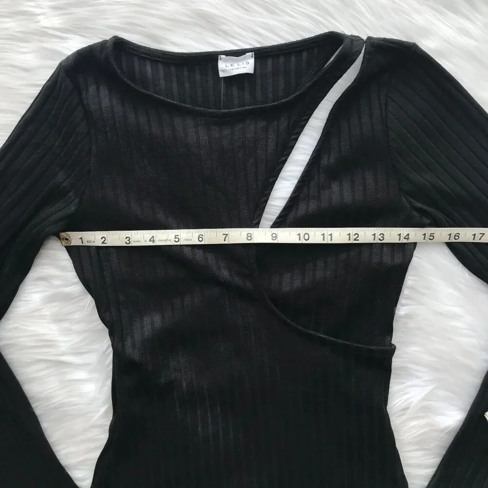 Anthropologie Le Lis Black Ribbed Long Sleeve Cutout Bodysuit - Size Small
